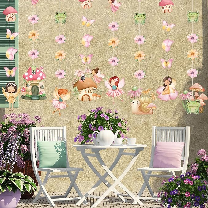 Daifunli 8 Pcs Fairy Party Decorations Fairy First Birthday Hanging Garlands Banner Butterfly Mushroom Flower Paper Cutouts Streamer for Wall Ceiling Decor Wonderland Garden Tale Floral Party Supplies