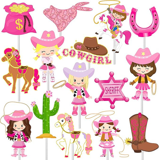 36Pcs Cowgirl Cupcake Toppers Western Theme Cake Decorations Pink Cowgirl Cupcake Toppers for Western Cowgirls Birthday Party Baby Shower Supplies