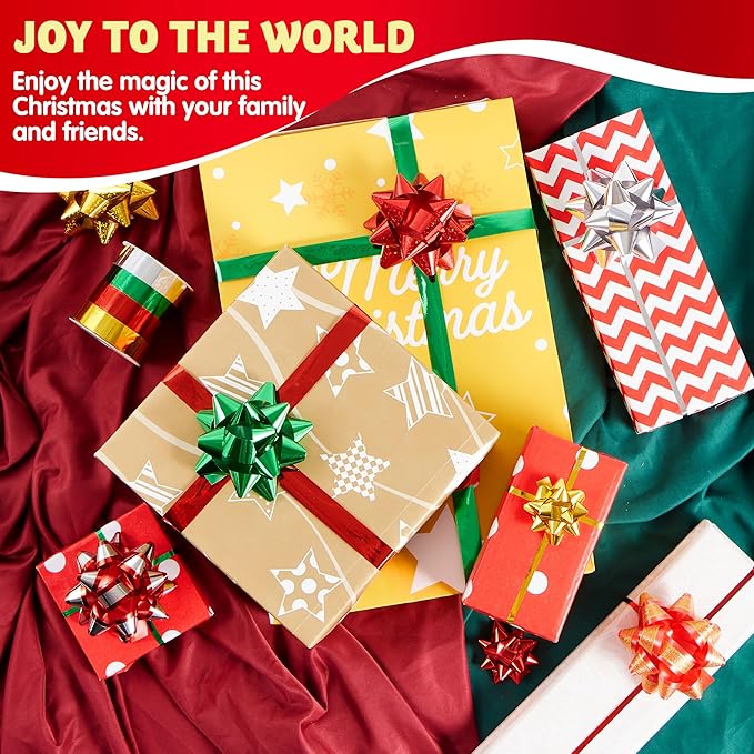 JOYIN 50 PCS Christmas Bows and Gift Ribbons with 48 Multi-Colored Assorted Size Self Adhesive Gift Bows and 2 Rolls of Curling Ribbons for Gift, Present Wrapping Decoration