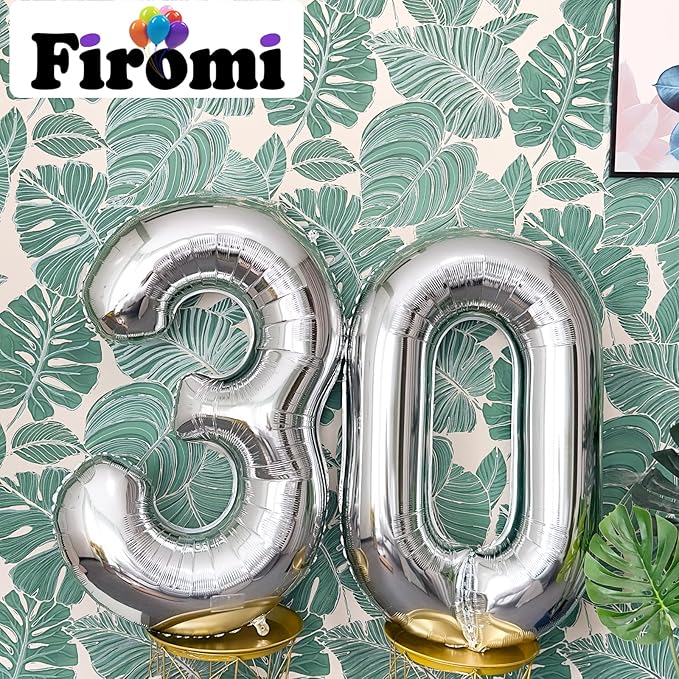 FIROMI 30 Number Balloons Silver Big Giant Jumbo Huge Foil Mylar 30 Balloon Numbers for 30th Birthday Party Anniversary Events Decorations 40-inches
