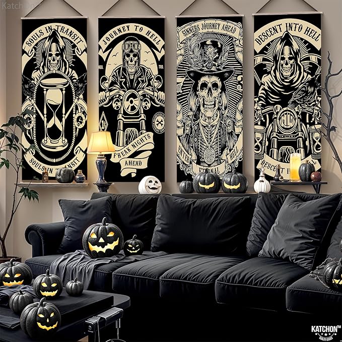 KatchOn, Scary Halloween wall decorations - Pack of 4 | Grim Reaper Stretching Portraits For Halloween Decoration | Vintage Vinyl Hanging Portraits for Haunted House Decoration for Outdoor Indoor Home