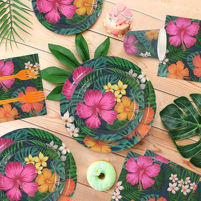 120 Pcs Tropical Hawaiian Aloha Party Supplies, 9 Inch & 7 Inch luau Party Paper Plates with Party Napkins and Disposable Plastic Forks for BBQs, Summer Party, Dinner, Wedding, Birthday, Picnic (Blue)