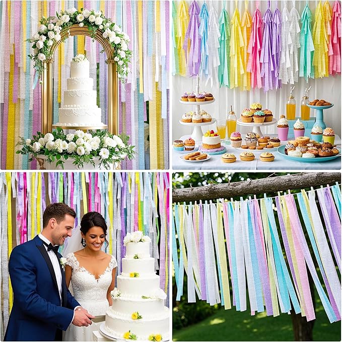 Metallic Pastel Crepe Paper Streamers 6 Rolls, 2.2" x 123 Ft Birthday Streamers Party Decorations for Baby Shower Bachelorette Bridal Shower Graduation Wedding Engagement Anniversary