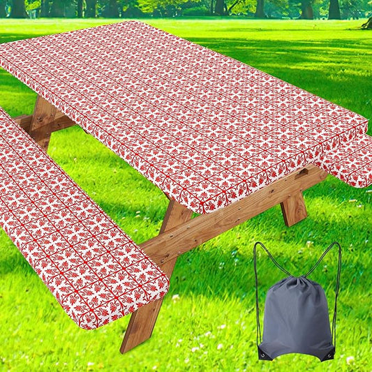 misaya Picnic Table Cover with Bench Cover, Waterproof Elastic Fitted Tablecloth for 5 Foot Tables, Rectangle Washable Polyester Tablecloths for Picnic, Camping, Outdoor (Red, 30" x 60")