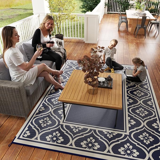 Outsunny Outdoor Rug for Patio, 8' x 10' Waterproof Large Mat, Reversible Plastic Straw Rug for Decor, Portable Outside RV Camping Area Carpet Mat for Backyard Porch Deck Picnic, Blue & White Gourd