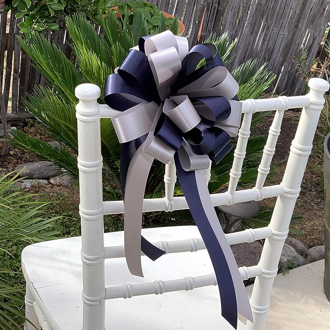 Navy Blue & Silver Decorative Pull Bows - 8" Wide, Set of 6, Police Support, Christmas, Hanukkah, Wedding Ribbons, Father's Day, School Dance, Boxing Day