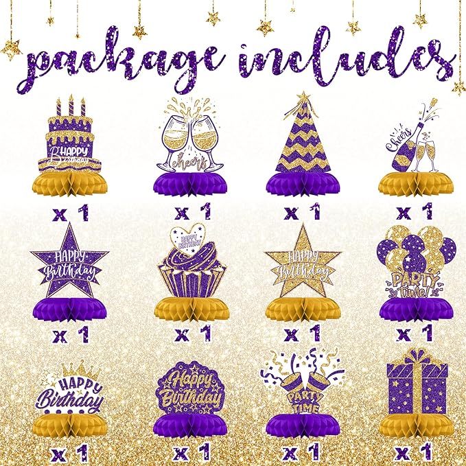 Purple and Gold Birthday Decorations – 12PCS Honeycomb Table Centerpieces for Women Adults – Happy Birthday Table Decor Party Supplies