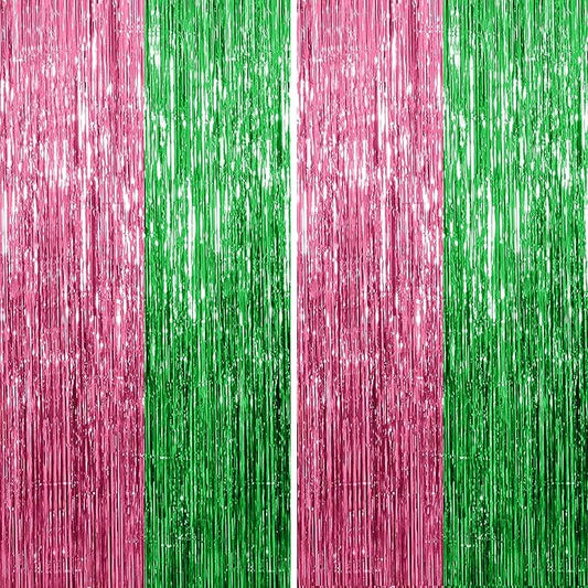KatchOn, XtraLarge Green and Pink Fringe Backdrop, Pack of 2 - Streamer Backdrop for Flamingo, One in A Melon Party Decorations | Pink and Green Party Decorations | Princess Birthday Decorations