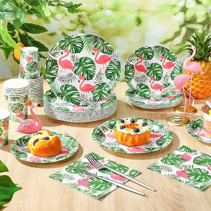 Jingmore 200 Pcs Tropical Flamingo Hawaiian Aloha Party Supplies Serve 50 Guests Luau Paper Plates Cups Napkins for Summer Beach Tableware Pool Party