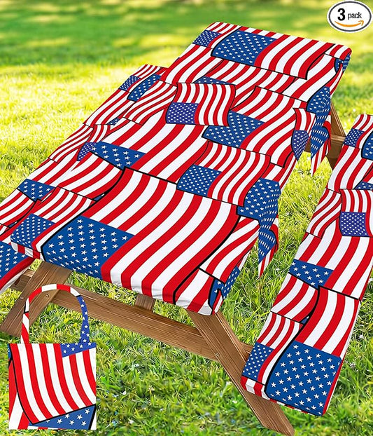Picnic Table Cover with Bench Covers Waterproof Rectangle Tablecloth Camping Essentials Supplies Rv Travel Must Haves Gear Accessories Fitted Table Cloth Outdoor Road Trip Camper Gifts American Flag
