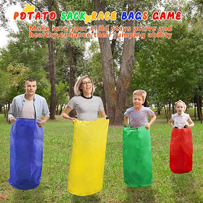28PCS Potato Sack Race Bags, Egg and Spoon Race,Carnival Games 3-Legged Relay Race Bands, Outdoor Games for Kids and Adults (with Game Prizes & Whistles), Outside Yard Lawn Birthday Party Games