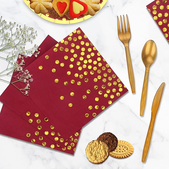 140 Pcs Burgundy & Gold Party Supplies - Gold Dot Disposable Dinnerware - Paper Plates, Napkins, Cups, Plastic Forks, Knives, Spoons for Christmas, Wedding, Graduation Decoration