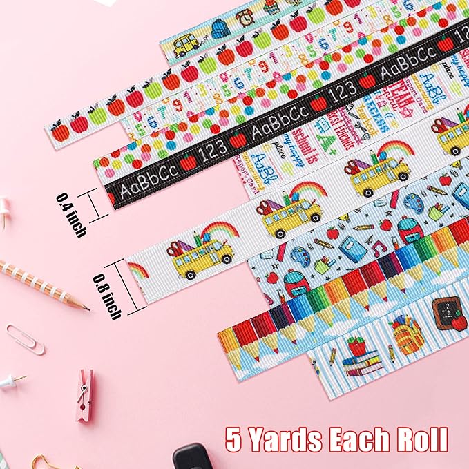 School Theme Ribbon Teacher Grosgrain Ribbons Decorative School Craft Ribbon for Back to School DIY Crafts Teacher Appreciation Gifts Wrapping 3/8, 4/5 Inch, 10 Rolls 50 Yards in Total