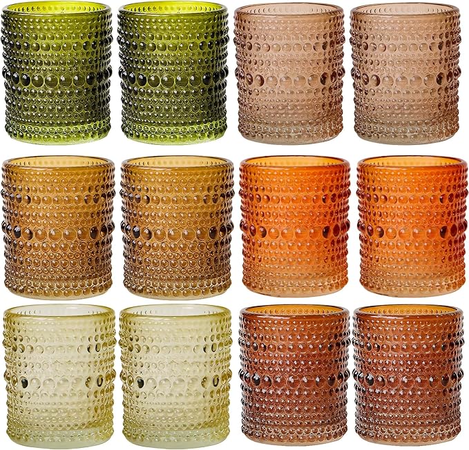 WDHODEC Glass Tealight Candle Holders Set of 12 - Brown Green Vintage Hobnail Votive Holders for Fall, Winter Wedding, Christmas Table Centerpiece Decor