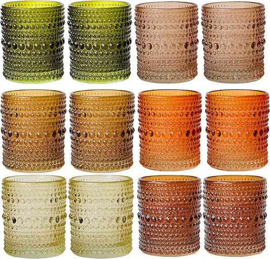 WDHODEC Glass Tealight Candle Holders Set of 12 - Brown Green Vintage Hobnail Votive Holders for Fall, Winter Wedding, Christmas Table Centerpiece Decor