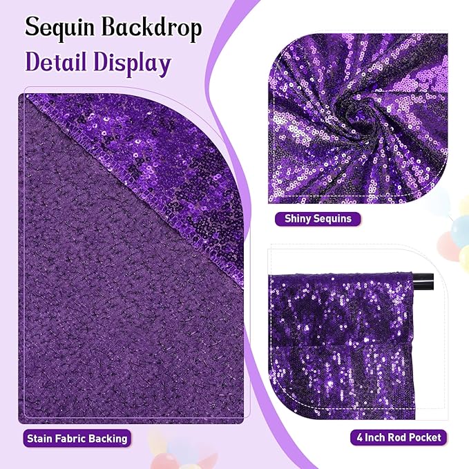 SquarePie 8x8ft Purple Sequin Backdrop, High Density Non-Transparent Glitter Curtain for Photography, Birthday, Wedding Party Decorations, Thick Solid Background with 4" Rod Pocket, 1 Panel