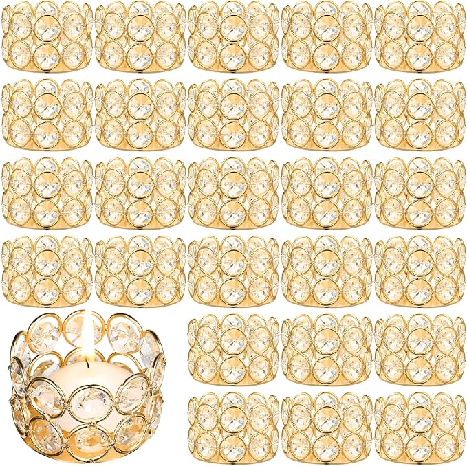 Potchen 30 Pieces Crystal Tealight Candle Holders Bulk, Votive Candle Holder Stands with Diamond Design for Table Centerpieces Wedding Party Home Decor and Holiday Favors (Gold)