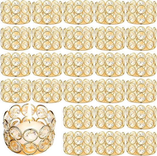 Potchen 30 Pieces Crystal Tealight Candle Holders Bulk, Votive Candle Holder Stands with Diamond Design for Table Centerpieces Wedding Party Home Decor and Holiday Favors (Gold)