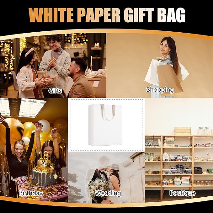 White Kraft Bags with Handles, 10Pcs 10"x5"x13" Large White Paper Gift Bags, Wedding & Birthday Occasion