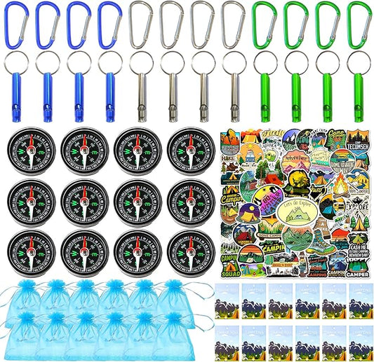 110PCS Camping Happy Birthday Party Favors Gift Bag Kits with Camp Compass, Hiking Whistles Keychain Carabiner, Camping Stickers Decorations for Outdoor Camper Nature Adventure Exploration Supplies
