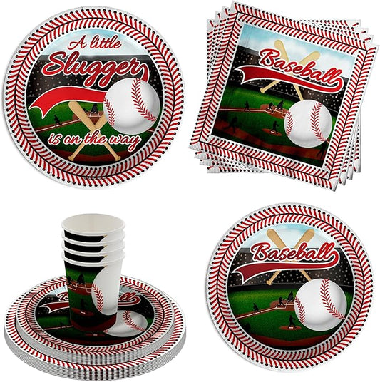 Birthday Galore Little Slugger on the Way Baby Shower - 64 Piece Baseball Baby Shower Tableware Set Includes Large 9" Dinner Plates and 7" Dessert Paper Plates Napkins Cups - Kit for 16