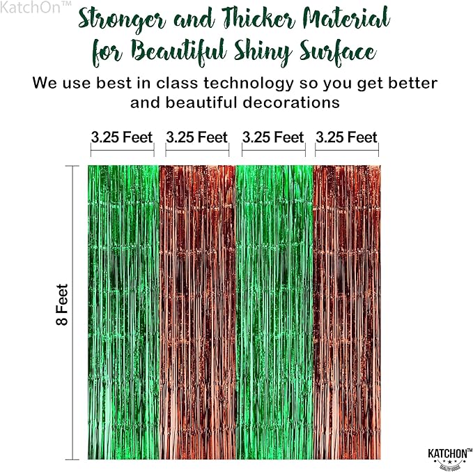 KatchOn, XtraLarge Green and Brown Backdrop - 3.25x 8 Feet, Pack of 4 | Green and Brown Fringe Backdrop Curtains for Football Party Decorations | Foil Fringe Curtains for Dinosaur Birthday Decor