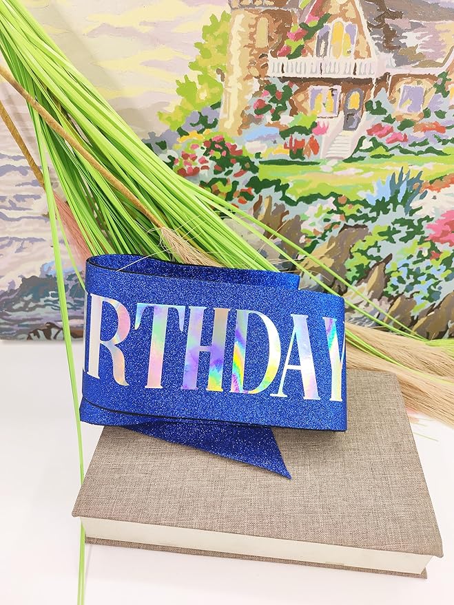 MGJSRNH 'Birthday Girl' Sash with Silver Iridescence Foil - Glitter Satin Blue Sashs for Women's Happy Birthday Celebrations