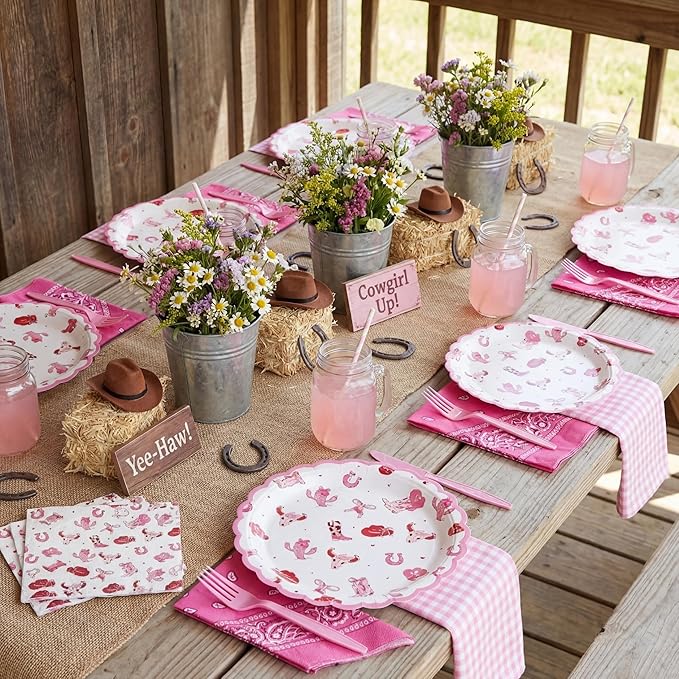 AmazingSpark 122 Pcs Pink Cowgirl Birthday Party Supplies Western Cowgirl Plates Napkins and Fork Disposable Bowknot Rodeo Tableware Set for Girls Baby Shower Wedding Bachelorette Decoration, Serve 24