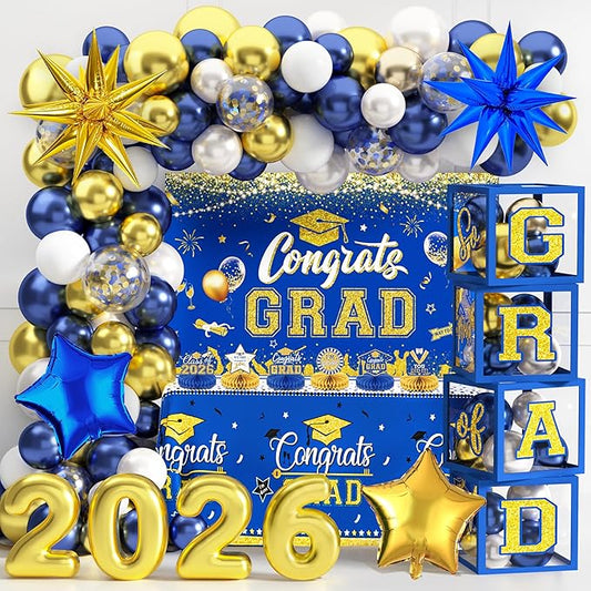 Graduation Decorations Class of 2026 Congrats Grad 2026 Party Supplies Include Backdrop Tablecloth Balloon Boxes with Letters Honeycomb Centerpieces Balloon Arch Kit Foil Balloons (Blue and Gold)