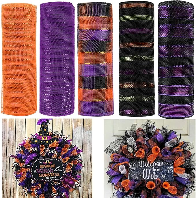 5 Rolls Halloween Mesh Ribbon for Wreath, 10 Inch x 30FT Per Roll Metallic Foil Deco Mesh Rolls Orange Purple Black Stripe Decorative Mesh for Fall Thanksgiving Halloween Home Party Decor