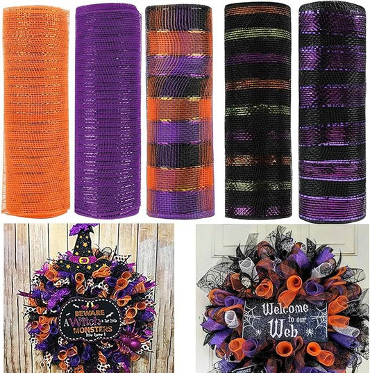 5 Rolls Halloween Mesh Ribbon for Wreath, 10 Inch x 30FT Per Roll Metallic Foil Deco Mesh Rolls Orange Purple Black Stripe Decorative Mesh for Fall Thanksgiving Halloween Home Party Decor