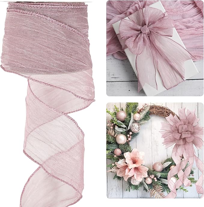 HUIHUANG Dusty Rose Wired Ribbon 2.5 inch Mauve Crinkle Metallic Ribbon for Gift Wrapping Basket Wreaths Bows Making Wedding Home Decor DIY Crafts Christmas Tree Decor-10 Yards