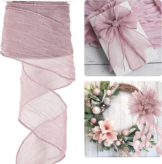 HUIHUANG Dusty Rose Wired Ribbon 2.5 inch Mauve Crinkle Metallic Ribbon for Gift Wrapping Basket Wreaths Bows Making Wedding Home Decor DIY Crafts Christmas Tree Decor-10 Yards