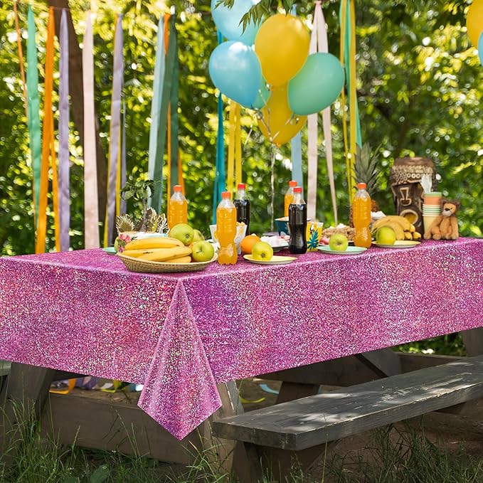Just Shimmer Sparkling Holographic Laser Tablecloth - Shimmering, Waterproof, Easy to Clean - Ideal for Bachelorette, Birthday, Wedding, and Anniversary Party Decorations (Pink & Silver, 2)