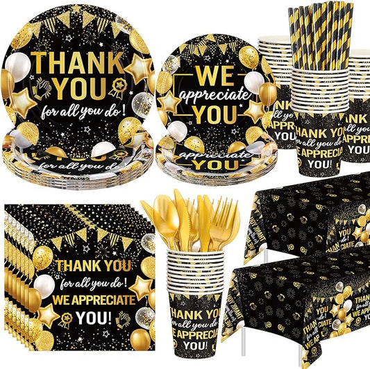 Funnymoom 452 Pcs Black Gold We Appreciate You Decoration for 50, Thank You Paper Plates Napkins Cups Tablecloth Set for Administrative Professional Day Employee Teacher Volunteer Appreciation Supply