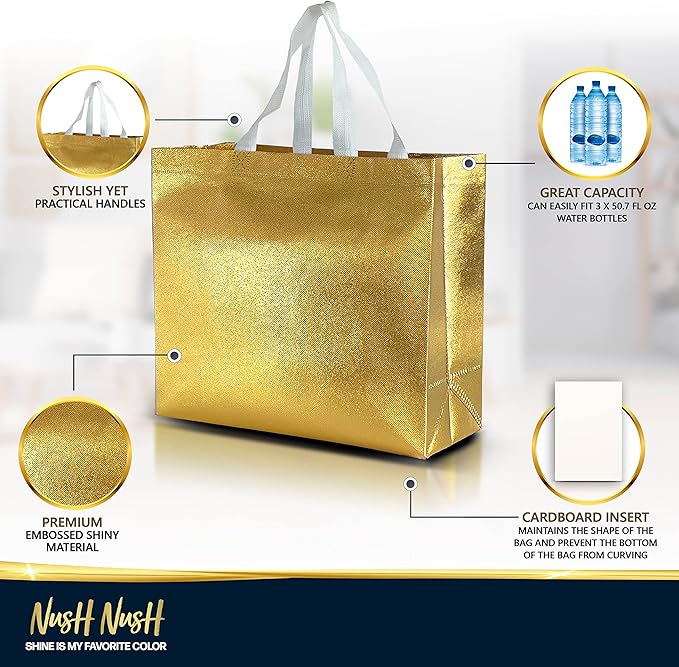 Nush Nush Shiny Large Gold Gift Bags Bulk - Set of 60 Gold Reusable Gift Bags with Handles- Ideal For Small Business, Mothers Day, Thanksgiving, Birthday Party Favor, Corporate Gifts - 13Wx5Dx11H