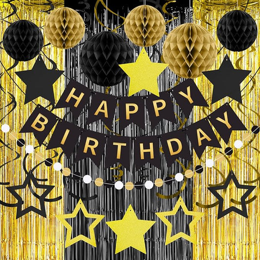 ZERODECO Birthday Decorations, Happy Birthday Banner with Paper Honeycomb, Star Hanging Swirl, Fringe Curtain, Garland, Birthday Party Decorations for Women Men Boys Girls (Black Gold)