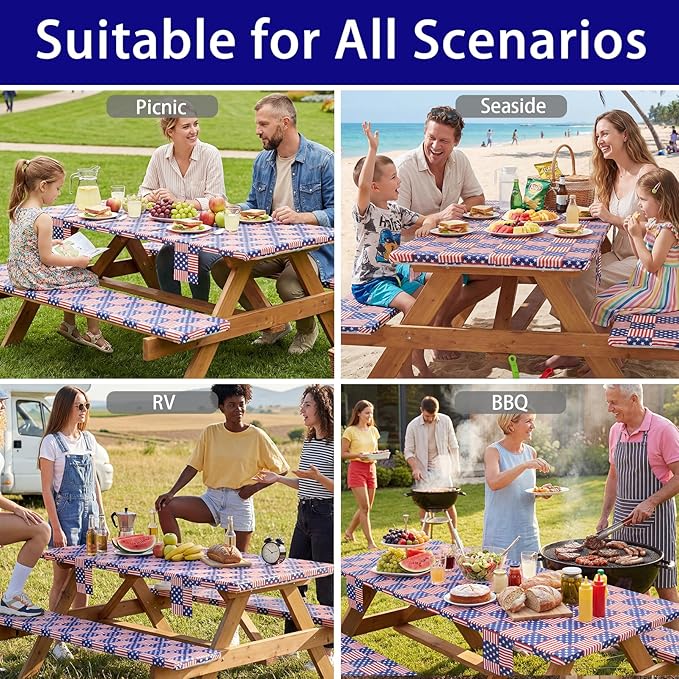 72In Picnic Table Cover with Bench Covers Fitted Stain Resistant Rectangular Table Cloth Campers Patio Garden Vacation Gear Cool Gifts for 40th 50th 60th 70th Grandparents Grandma Grandpa