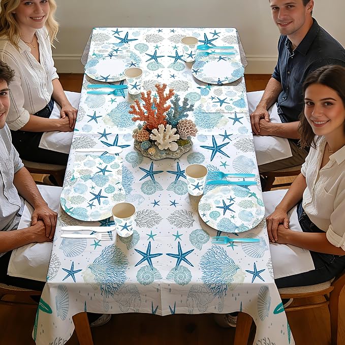 170Pcs Coastal Beach Party Decorations Under the Sea Plates Napkins Tablecloths Disposable Ocean Coral Starfish Tableware Set for Kitchen Summer Beach BBQ Holiday Party Supplies Serves 24