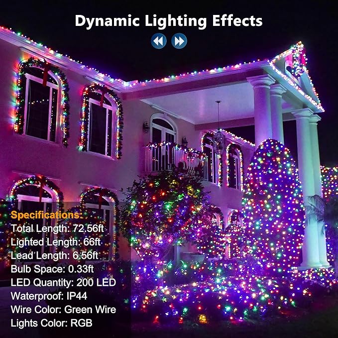Brizled Color Changing RGB Christmas Lights, 66ft 200 LED Red White Blue String Lights Music Sync, 120+ Modes Remote Dimmable Outdoor Mini Tree Light Indoor Plugin for July 4th Xmas Halloween