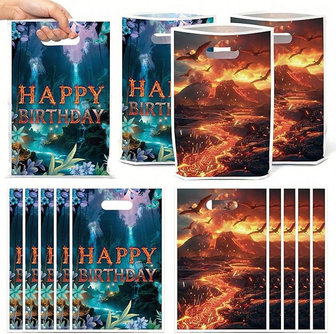 Andi Cppss Movie Theme Party Favor Bags - 50PCS Double-Sided Water Fire Themed Favor Goodie Bags for Birthday Party Decorations Volcano Plastic Gift Bag with Handle for Movie Lover Birthday Supplies