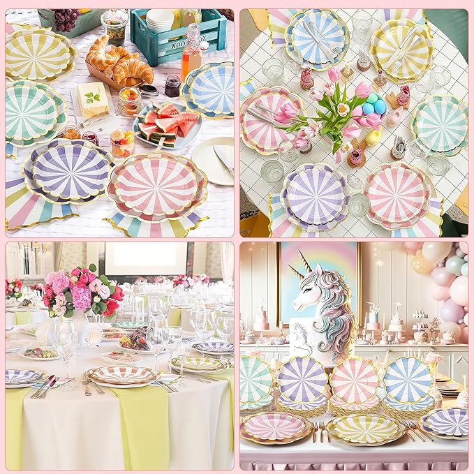 144 Pcs 48 Guests Pastel Striped Party Plates and Napkins Scalloped Pastel Carnival Paper Plates and Napkins Colored Disposable Tableware for Baby Bridal Shower Wedding Tea Party Supplies