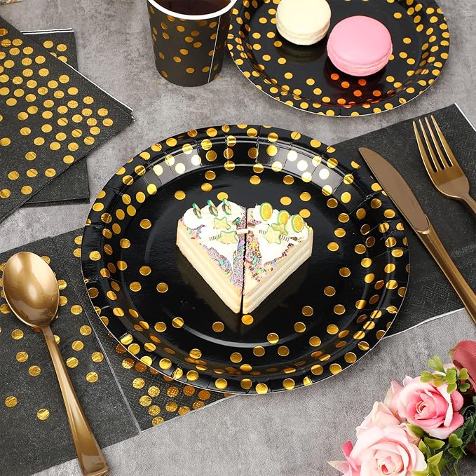 Sieral 560 Pcs Black and Gold Party Supplies for 80 Guests Golden Dot Tableware Kits Black Paper Plates Cups Napkins Gold Plastic Fork Knives Spoons for Birthday Retirement Graduation Party Decor