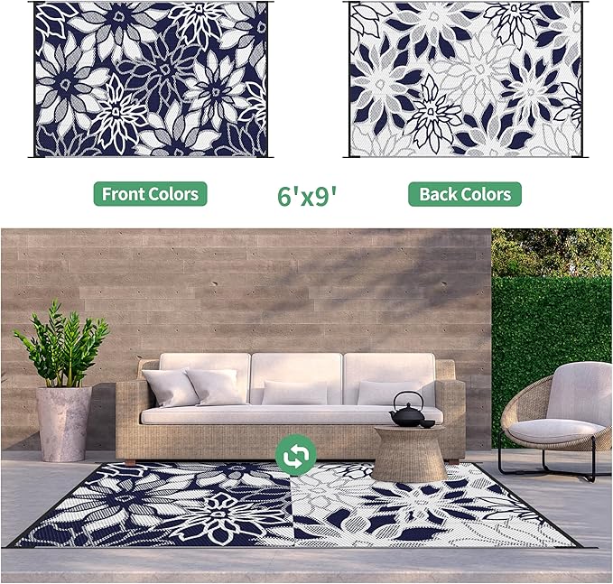 GENIMO Outdoor Rug Waterproof for Patio Decor, 6' x 9' Reversible Plastic Straw Floral Camping Carpet, Large Area Rugs Mats for RV, Camper, Deck, Balcony, Porch, Beach, Picnic, Blue & White