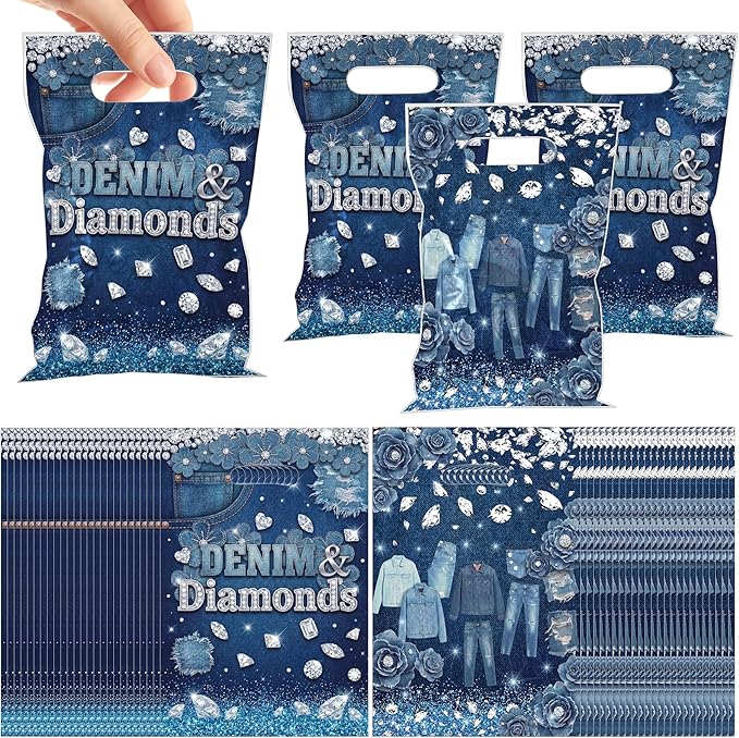 MOIZYNG 50Pcs Denim and Diamonds Gift Bags with Handles, Blue Jacket Jeans Plastic Candy Treat Goodie Bags for Bridal Shower Bachelorette Wedding Birthday Party Favors Supplies
