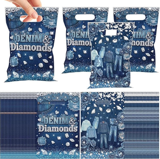 MOIZYNG 50Pcs Denim and Diamonds Gift Bags with Handles, Blue Jacket Jeans Plastic Candy Treat Goodie Bags for Bridal Shower Bachelorette Wedding Birthday Party Favors Supplies