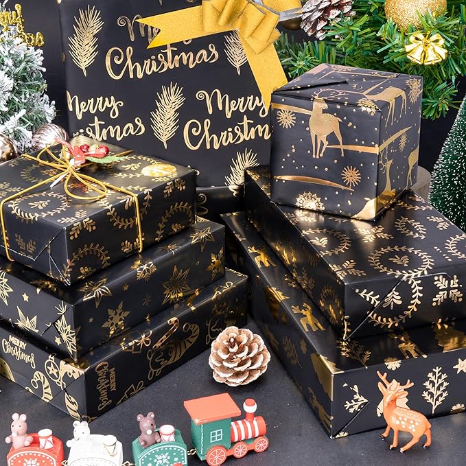 Larcenciel Metallic Christmas Wrapping Paper Set, Black and Gold Holiday Gift Wrapping Paper w/Gift Bow Sticker, Gnome Snowflake Deer Glitter Foil Xmas Gift Wrap for Winter Nightmare, 6 Sheets 28x20in
