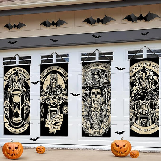 KatchOn, Scary Halloween wall decorations - Pack of 4 | Grim Reaper Stretching Portraits For Halloween Decoration | Vintage Vinyl Hanging Portraits for Haunted House Decoration for Outdoor Indoor Home