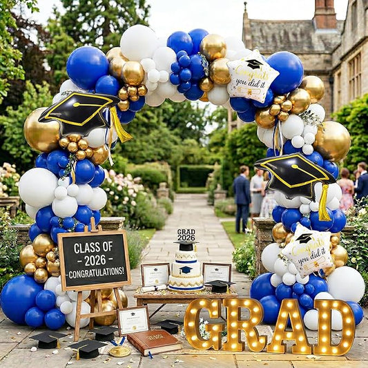 130PCS 2026 Royal Blue Gold White Graduation Balloon Arch Kit Garland Decoration with Graduation Cap Star Foil Balloons for Class of 2026 Grad Party Backdrop Decor