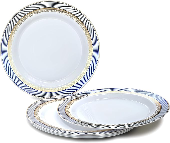 " OCCASIONS " 120 Plates Pack,(60 Guests) Heavyweight Premium Wedding Party Disposable Plastic Plates Set -60 x 10.5'' Dinner + 60 x 7.5'' Salad/Dessert(Louvre Blue/Gold)